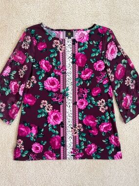 JM Collection Cold Shoulder 3/4 Sleeve Floral Print Tunic Top Purple Pink Medium